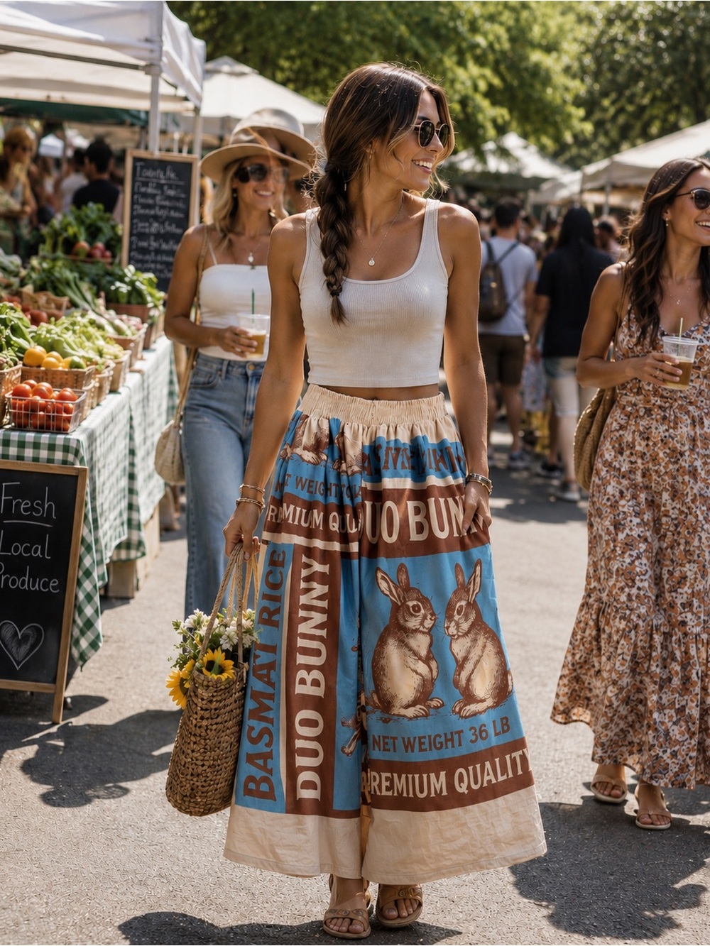 Duo Rabbit Printed Cotton OS Wide Leg Pants in Cream & Light Blue